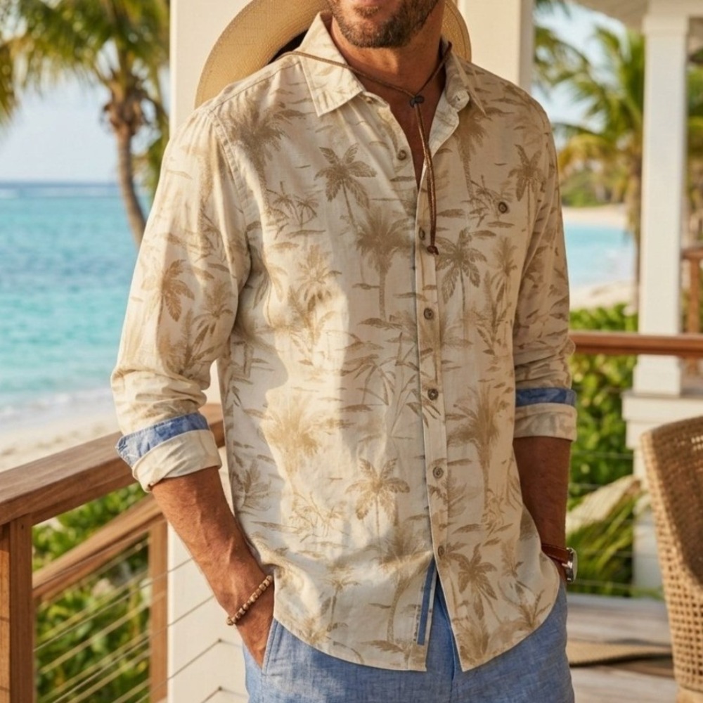 Tommy Bahama Tortola Desert Palm Shirt Mens XL Khaki Long Sleeve Resortwear